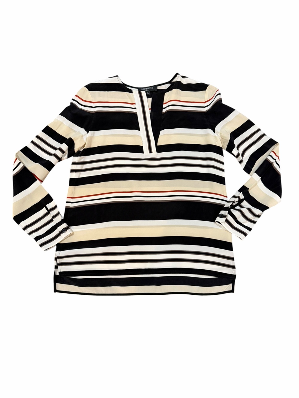 Lafayette 148 Silk Blouse Size P Striped Draped Surplice Neck Black Cream‎ Top